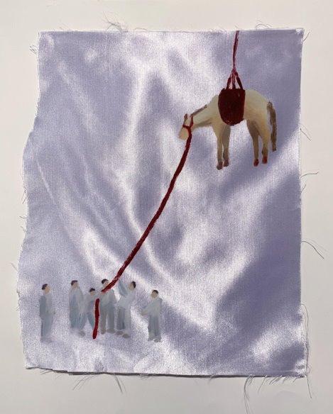 Liz Zhang. Horse-Rope-Boys. 2020. Monotype on fabric. 15 x 12.5”
