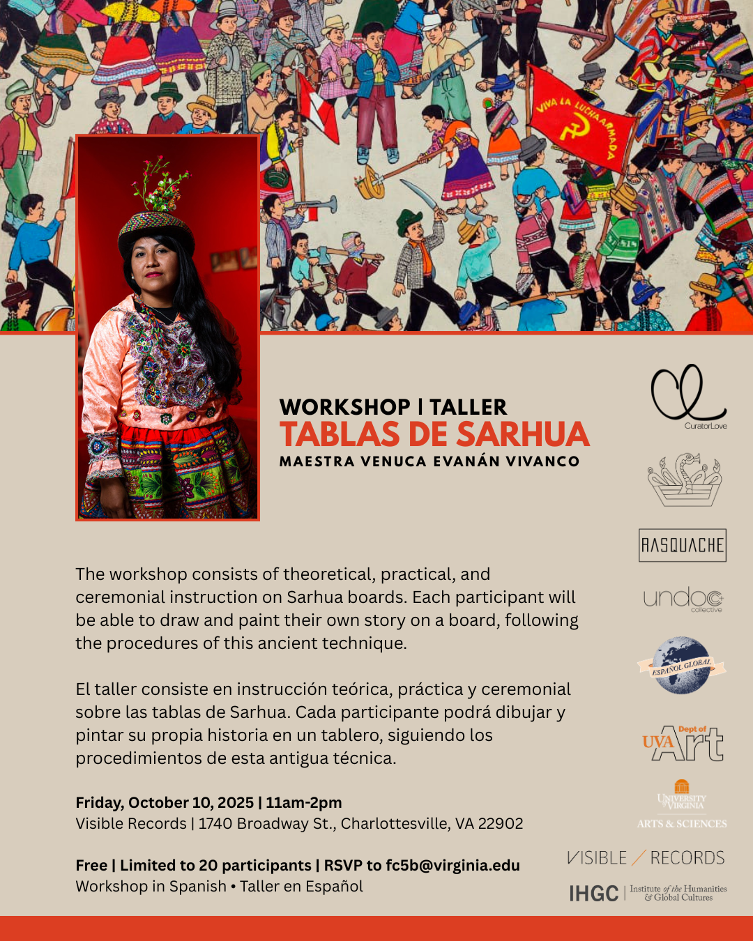 Promotional poster for "Tablas de Sarhua" workshop with colorful painting, a woman's portrait, and event details.