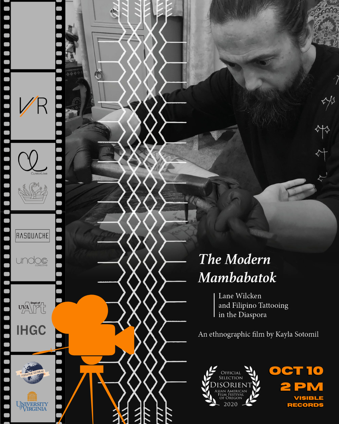 Poster for "The Modern Mambabatok," featuring a black-and-white photo of a man tattooing, traditional Filipino tattooing patterns, and film screening details.