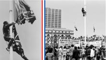 stills from a black and white filf featuring a man climbing a flagpole